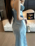 Sheath Spaghetti Straps Light Sky Blue Flower Long Prom Dresses Birthday Outfits SD511