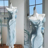 Sheath Spaghetti Straps Light Sky Blue Flower Long Prom Dresses Birthday Outfits SD511