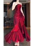 Mermaid Spaghetti Straps Red Ankle length Prom Dresses Birthday Outfits SD521