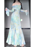 Mermaid Off The Shoulder Floral Long Sleeves Party Dresses Birthday Outfits SD530