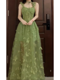 A Line Spaghetti Straps Ankle length Green Lace Prom Dresses Birthday Outfits SD531