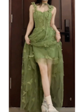 A Line Spaghetti Straps Ankle length Green Lace Prom Dresses Birthday Outfits SD531