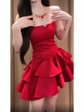 A Line Strapless Short Red Cocktail Dresses Birthday Outfits SD535