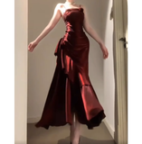 Mermaid Spaghetti Straps Burgundy Prom Dresses Birthday Outfits With Flower SD538