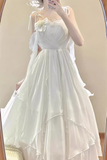 A Line Spaghetti Straps White Chiffon Ankle length Prom Dresses Birthday Outfits SD540