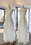 Retro A Line Spaghetti Straps White Ruffles Chiffon Prom Dresses Birthday Outfits SD550