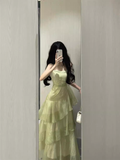 Retro Sheath Spaghetti Straps Sage Green Ruffles Party Beach Dresses Birthday Outfits SD556