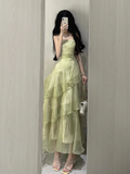 Retro Sheath Spaghetti Straps Sage Green Ruffles Party Beach Dresses Birthday Outfits SD556
