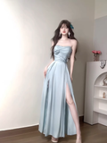 A line Strapless Blue Slit Long Party Prom Dresses Birthday Outfits SD562