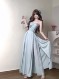 A line Strapless Blue Slit Long Party Prom Dresses Birthday Outfits SD562