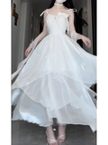 A line Spaghetti Straps White Chiffon Party Prom Dresses Birthday Outfits SD564