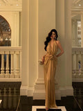 Mermaid Halter Gold Long Ruffles Prom Dresses Birthday Dress SD571