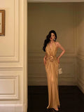 Mermaid Halter Gold Long Ruffles Prom Dresses Birthday Dress SD571