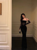 Sheath Spaghetti Straps Black Lace Long Prom Dresses Birthday Outfits With Gloves SD585