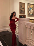 Sheath Spaghetti Straps Lace Red Velvet Long Prom Dresses Birthday Outfits With Gloves SD587