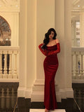 Sheath Spaghetti Straps Lace Red Velvet Long Prom Dresses Birthday Outfits With Gloves SD587