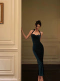 Sheath Halter Velvet Green Knee Length Prom Dresses Birthday Outfits SD588