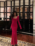 Mermaid Square Neckline Long Sleeves Pink Prom Dresses Birthday Outfits SD593