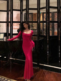Mermaid Square Neckline Long Sleeves Pink Prom Dresses Birthday Outfits SD593