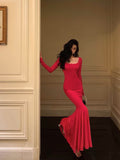 Mermaid Square Neckline Long Sleeves Pink Prom Dresses Birthday Outfits SD593