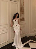 Mermaid Straps White Long Satin Prom Dresses Birthday Outfits SD594