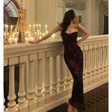 Sheath Spaghetti Straps Lace Grape Ankle Length Prom Dresses Birthday Outfits SD596