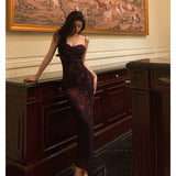 Sheath Spaghetti Straps Lace Grape Ankle Length Prom Dresses Birthday Outfits SD596