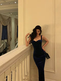 Sheath Straps Royal Blue Velvet Ankle Length Prom Dresses Birthday Outfits SD599