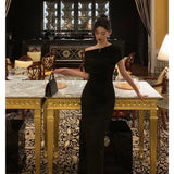 Sheath Off The Shoulder Black Ankle Length Prom Dresses Birthday Outfits SD600