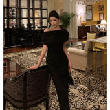 Sheath Off The Shoulder Black Ankle Length Prom Dresses Birthday Outfits SD600