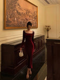 Sheath Square Neckline Burgundy Velvet Ankle Length Prom Dresses Birthday Outfits SD603