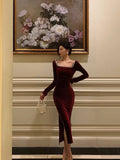 Sheath Square Neckline Burgundy Velvet Ankle Length Prom Dresses Birthday Outfits SD603