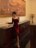 Sheath Square Neckline Burgundy Velvet Ankle Length Prom Dresses Birthday Outfits SD603