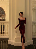 Sheath Square Neckline Burgundy Velvet Ankle Length Prom Dresses Birthday Outfits SD603