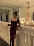 Sheath Square Neckline Burgundy Velvet Ankle Length Prom Dresses Birthday Outfits SD603