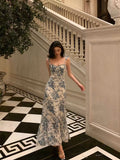 A line Spaghetti Straps Mid Length Floral Blue Prom Dresses Birthday Outfits SD606