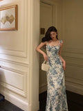 A line Spaghetti Straps Mid Length Floral Blue Prom Dresses Birthday Outfits SD606