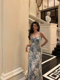 A line Spaghetti Straps Mid Length Floral Blue Prom Dresses Birthday Outfits SD606
