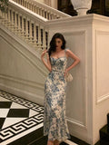 A line Spaghetti Straps Mid Length Floral Blue Prom Dresses Birthday Outfits SD606