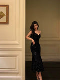 Mermaid Spaghetti Straps Black Sequin Prom Dresses Birthday Outfits SD607