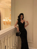 Mermaid Spaghetti Straps Black Sequin Prom Dresses Birthday Outfits SD607