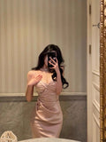Mermaid Spaghetti Straps Pink Satin Ankle Length Prom Dresses Birthday Outfits SD608