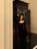 Mermaid Halter Long Sleeves Velvet Black Prom Dresses Birthday Outfits SD609