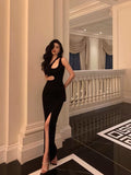 Sheath One Shoulder Straps Black Slit Long Prom Dresses Birthday Outfits SD610