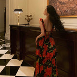 A Line Straps Sleeveless Red Floral Ruffle Chiffon Prom Dresses Birthday Outfits SD614