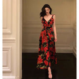A Line Straps Sleeveless Red Floral Ruffle Chiffon Prom Dresses Birthday Outfits SD614