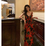 A Line Straps Sleeveless Red Floral Ruffle Chiffon Prom Dresses Birthday Outfits SD614