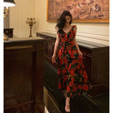 A Line Straps Sleeveless Red Floral Ruffle Chiffon Prom Dresses Birthday Outfits SD614