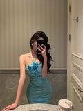 Sheath Halter Blue Fold Long Prom Dresses Birthday Outfits SD615