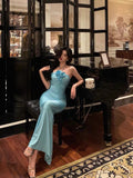 Sheath Halter Blue Fold Long Prom Dresses Birthday Outfits SD615